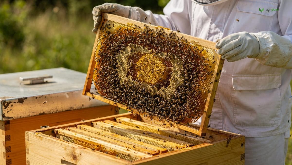 A beekeeper in a white veil and gloves holding up a single frame of bees pulled from an open Langstroth hive, inspecting the brood pattern in bright daylight with the hive boxes open below