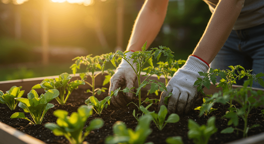 A close-up, natural light photograph of hands in light gardening gloves gently tending a small, thriving raised vegetable garden bed. Vibrant green leafy plants and young tomato plants are visible, rooted in rich, dark soil. The scene conveys care and growth in a home garden setting, with warm golden hour lighting.