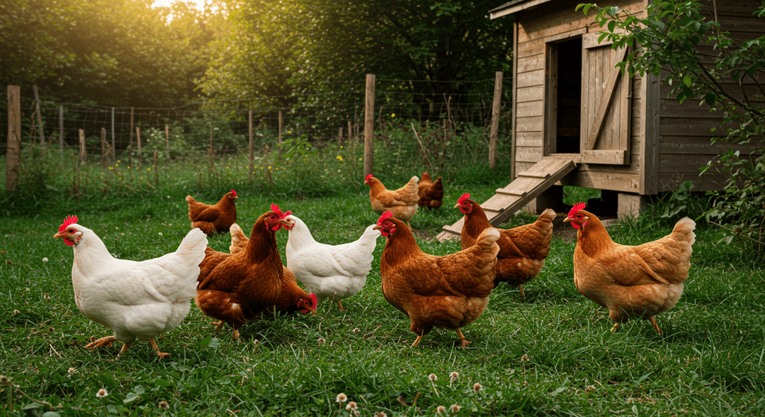 A group of diverse heritage chicken breeds, including a white Leghorn, a reddish-brown Rhode Island Red, a barred Plymouth Rock, and a buff Orpington, foraging on green grass in a sunlit organic farmyard.