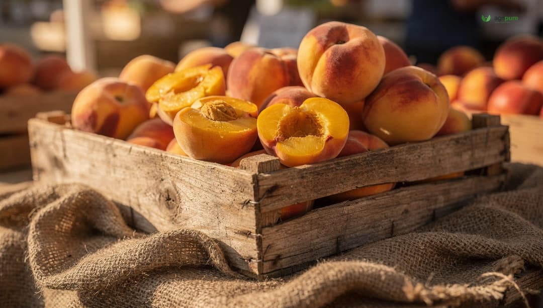A wooden crate of ripe yellow freestone peaches at a farmers market stand, blushed red and fragrant, ready for canning