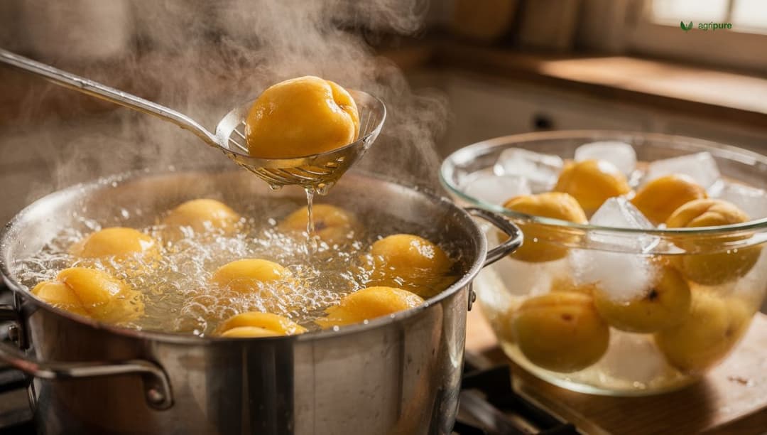 A large pot of blanching peaches in boiling water beside a bowl of ice water, with a slotted spoon ready to transfer them for skin removal