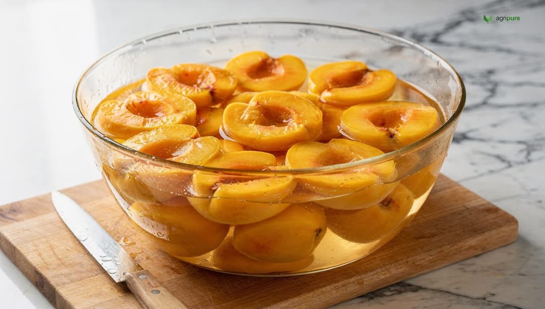 Rows of open pint jars with fresh yellow peach halves soaking in a clear ascorbic acid solution in a large glass bowl, preventing discoloration