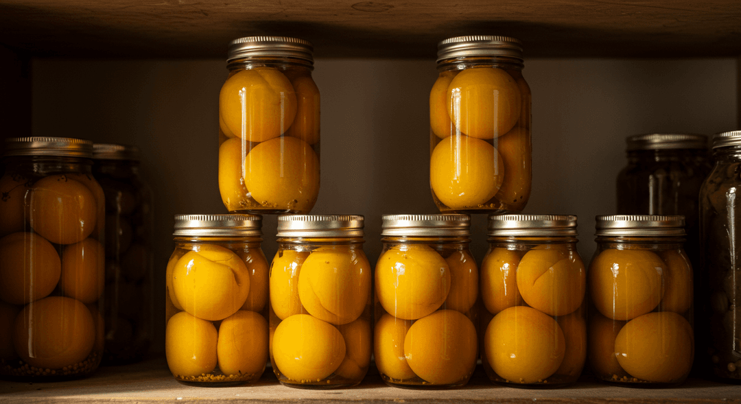 A close-up, warm-toned photograph of five glass jars filled with perfectly preserved golden peach halves, lined up on a simple wooden shelf in a home pantry, evoking a sense of self-sufficiency and abundant harvest.