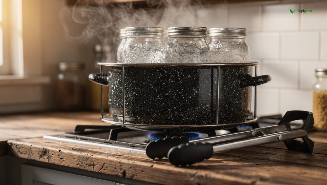 A water-bath canner on a gas stove with mason jars on the rack inside, steam rising from the boiling water, and a jar lifter resting on the counter beside it