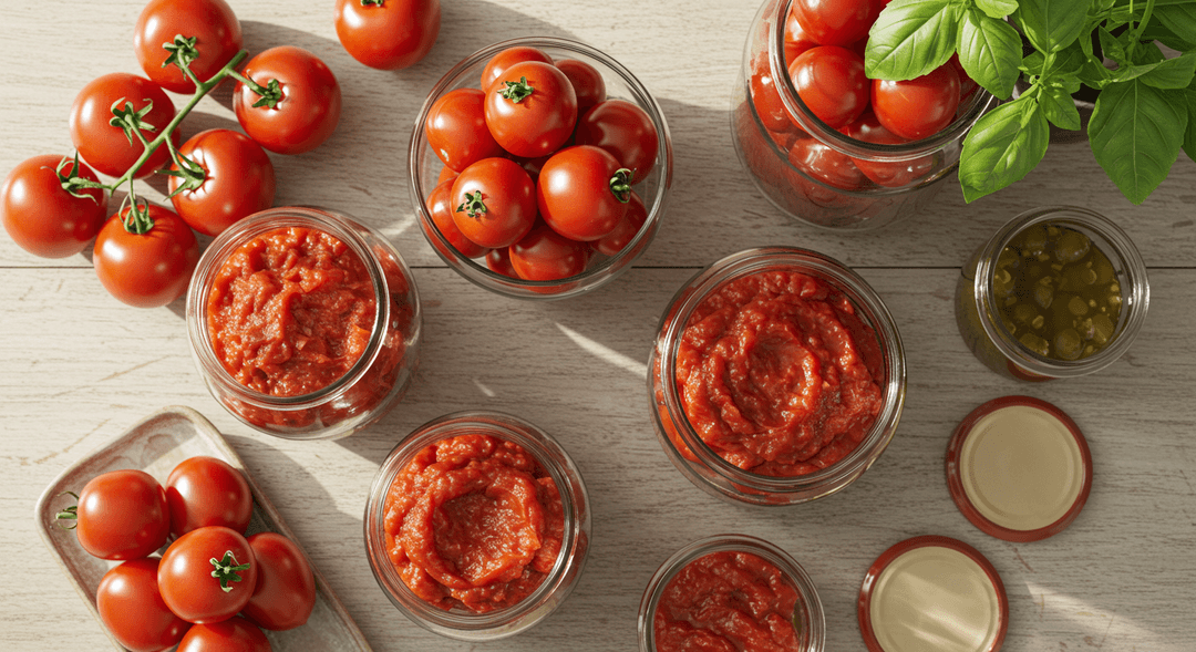 A top-down, photorealistic image of several freshly canned jars of whole and crushed tomatoes, showcasing their vibrant red color. The jars are neatly arranged on a light-colored wooden surface, bathed in warm natural light. In the soft-focus background, fresh tomatoes and green herbs hint at the harvest.