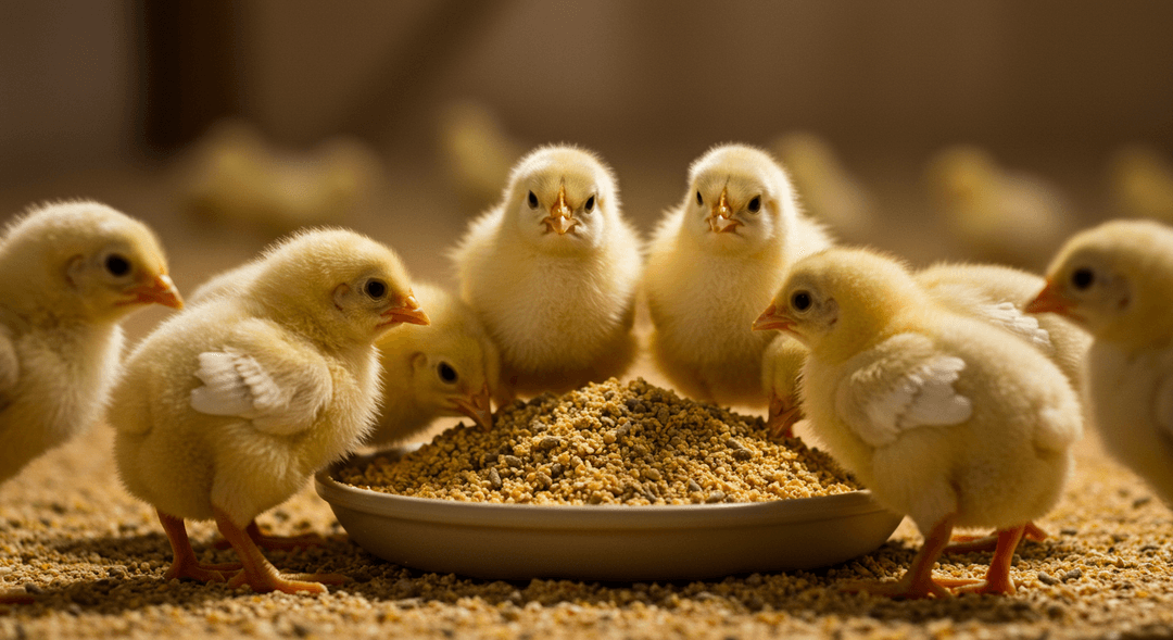 Close-up photograph of five fluffy yellow baby chicks pecking at light brown crumble chick starter feed in a shallow, round white feeder, set against a soft, cream-colored brooder background with hints of dark green. The chicks appear healthy and active.