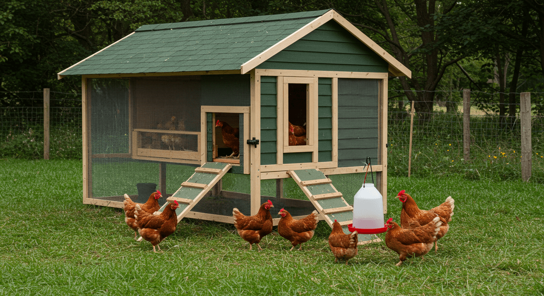 A beautiful wooden chicken coop in a green grassy backyard garden with nesting boxes.