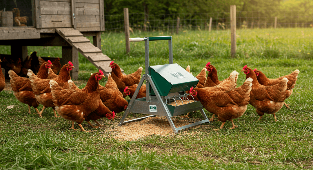 A diverse flock of healthy chickens, including Rhode Island Reds, Leghorns, and Australorps, actively eating from a modern, galvanized metal treadle feeder with dark green accents in a clean, sustainable backyard chicken coop setting.