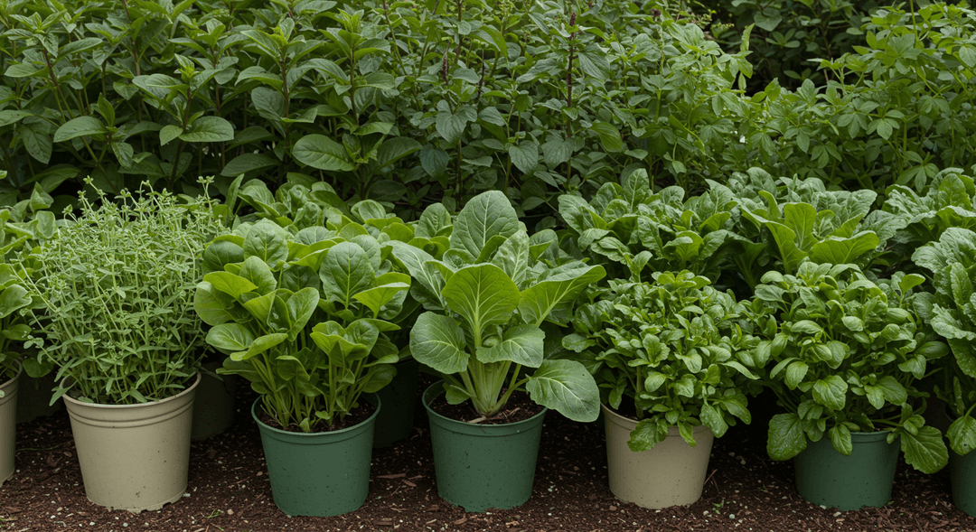 Marigolds and tomato plants growing companionably side-by-side in a raised garden bed.