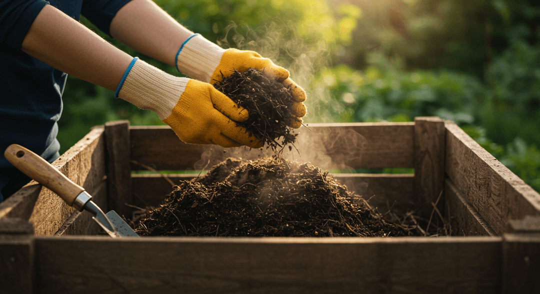 Close-up of hands wearing gardening gloves, sifting through a dark, rich, and crumbly compost pile in a wooden bin. The compost displays an ideal earthy texture, and a faint wisp of vapor indicates warmth. A small, clean hand trowel is visible on the bin's edge, with blurred garden foliage in the background under soft daylight. The image highlights the perfect consistency and appearance of finished, healthy compost.