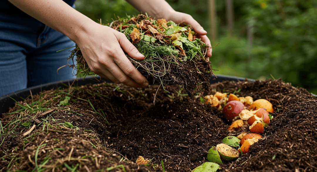 A close-up photograph showcasing a gardener's hands sifting through a well-maintained composting pile. Visible layers include dried brown leaves and branches, fresh green kitchen scraps and grass, transitioning into rich, dark, finished compost at the base, signifying a successful organic decomposition process.