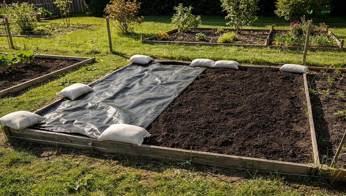 A garden bed half covered by a black tarp pinned over a terminated cover crop, the other half showing dark crumbly soil ready for planting