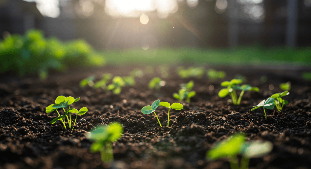 A close-up, ground-level photograph of newly sprouted green cover crops, possibly clover and rye, emerging from dark, rich, moist garden soil. The healthy seedlings are vibrant against the deep brown earth, suggesting fertile ground and sustainable gardening practices. The background is gently out of focus, showing other verdant garden elements.