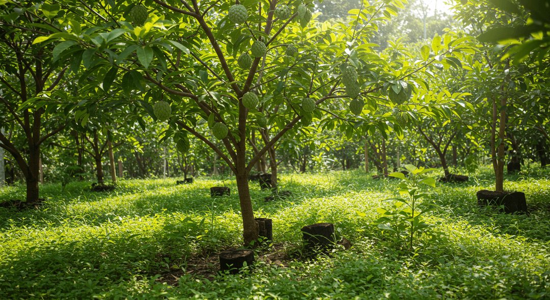 A vibrant Custard Apple tree (Annona squamosa) laden with developing fruits, standing as a 'chaperone' in a young syntropic food forest. It provides essential dappled shade to smaller, delicate crops growing beneath its canopy, demonstrating its role in fostering a resilient, multi-layered ecosystem.