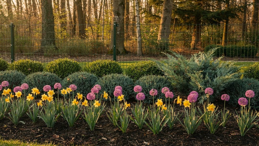 A layered deer-resistant garden border with daffodils and alliums in front of boxwood and juniper, edged by a tall wire deer fence at the woodland line.