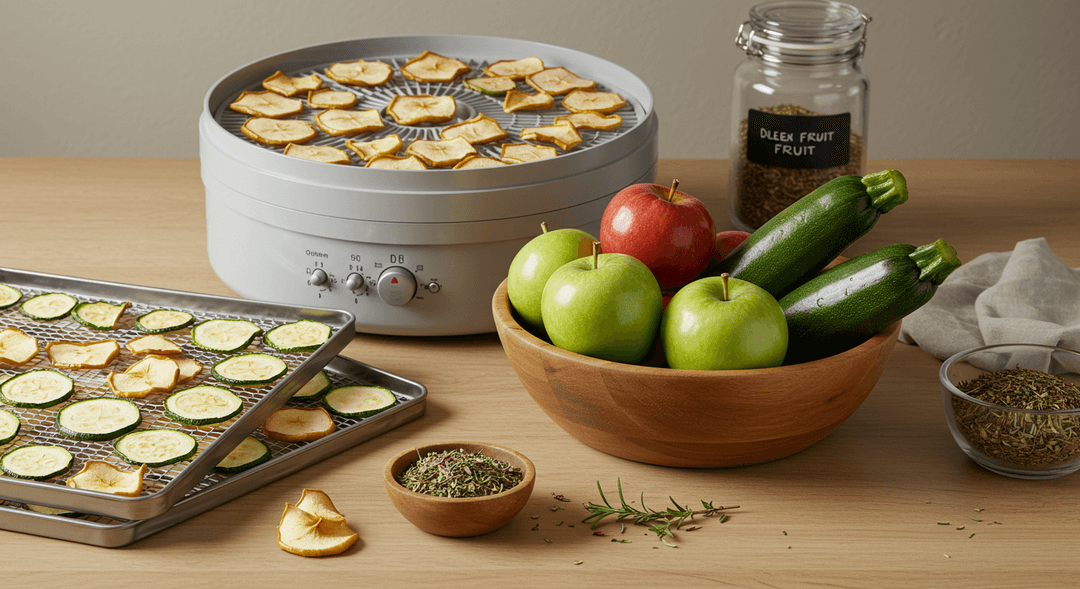 An open food dehydrator on a light wooden counter with trays of thinly sliced apples and zucchini. Beside it are fresh apples, zucchini, and a small bowl of dried herbs, with a jar of dried fruit in the soft background.