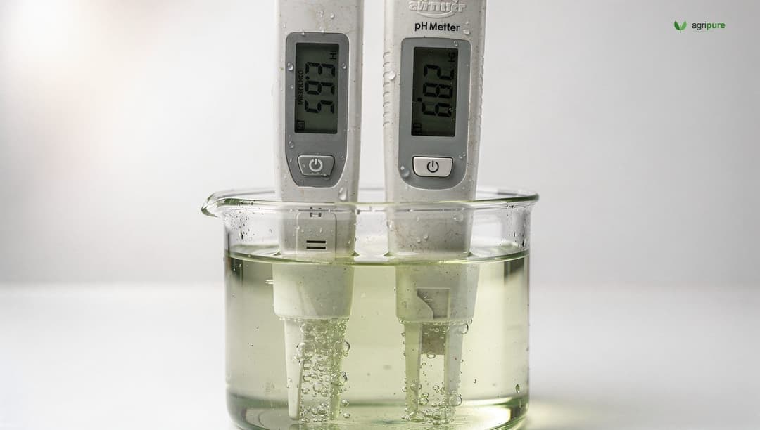 Close-up of digital pH and EC meters dipped into a clear hydroponic nutrient solution in a white container, showing readings