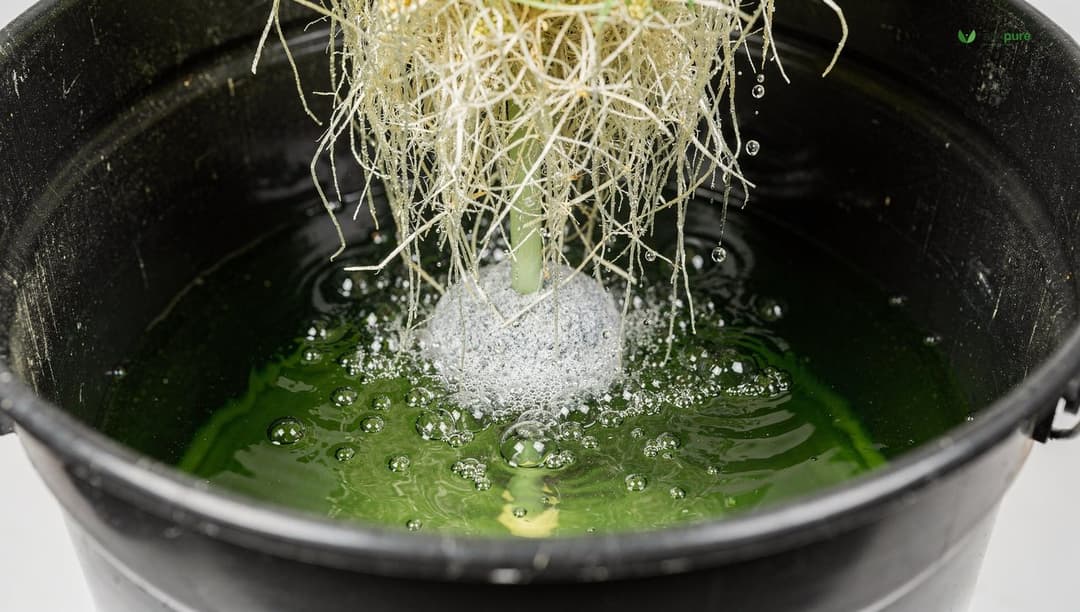 Interior of a five-gallon DWC bucket with white plant roots hanging in oxygenated green nutrient solution, bubbles rising from an air stone