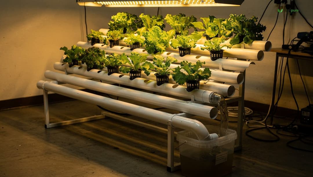 PVC pipe NFT hydroponic channels on a metal frame, angled at a slight slope, with leafy green lettuce plants growing through net-cup holes along the pipes