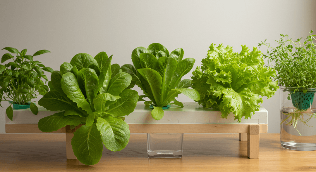 A photorealistic image showing vibrant green leafy lettuce and herbs growing in a DIY Kratky hydroponic system. The plants are in net pots submerged in a clear container, resting on a natural wood surface, emphasizing healthy growth and simple setup.