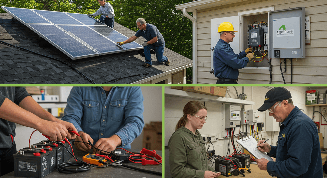 A multi-scene photograph depicting the spectrum of DIY solar installations: a person safely wiring a 12V battery bank in a shed, another mounting a solar panel on an RV roof, and a licensed electrician inspecting a home's grid-tied inverter, emphasizing the different skill levels and regulatory requirements for each solar project tier.