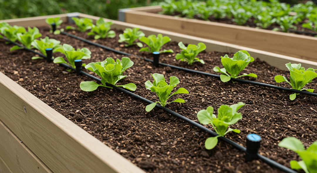 Close-up photo of a drip irrigation system with evenly spaced emitters delivering water directly to the base of healthy green vegetable plants in a raised garden bed. The soil is light brown, and dark green irrigation lines run along the plants, showcasing efficient water distribution in a sustainable garden setup.