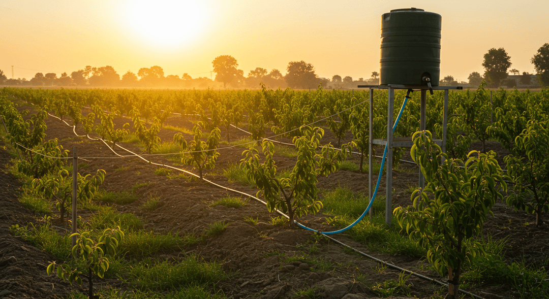 A photorealistic image capturing a gravity-fed drip irrigation system watering young fruit trees in a rural Pakistani orchard at sunset. A simple, elevated water tank (approximately 1-2 meters high) stands on the left, feeding drip lines that snake through the rows of small trees. The golden hour light illuminates the scene, highlighting the practicality and sustainability of the irrigation method.