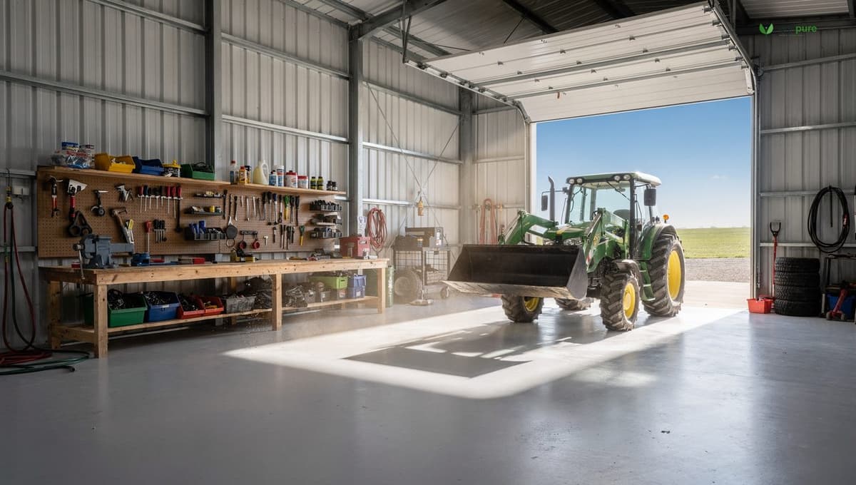 Interior of a metal-frame farm workshop with a concrete floor, a large open overhead door, a workbench, and a tractor parked inside