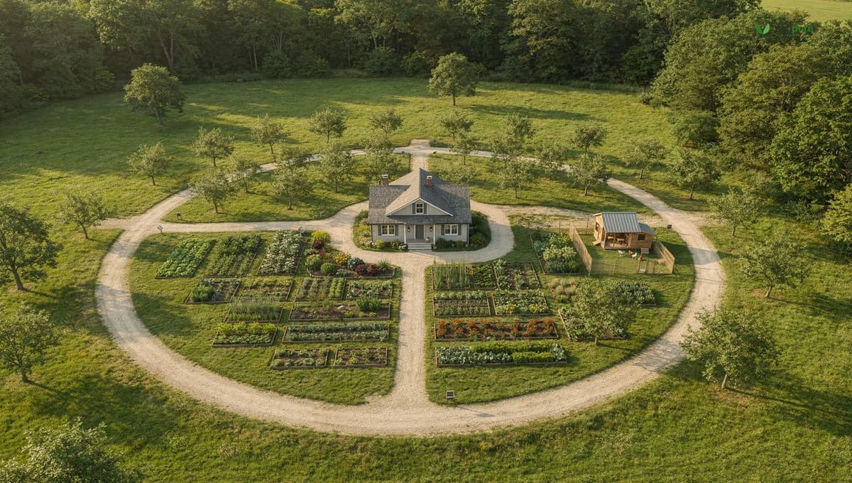 Aerial view of a small farm arranged in zones, with a kitchen garden by the house, an orchard and coop further out, and pasture and woodlot at the edges