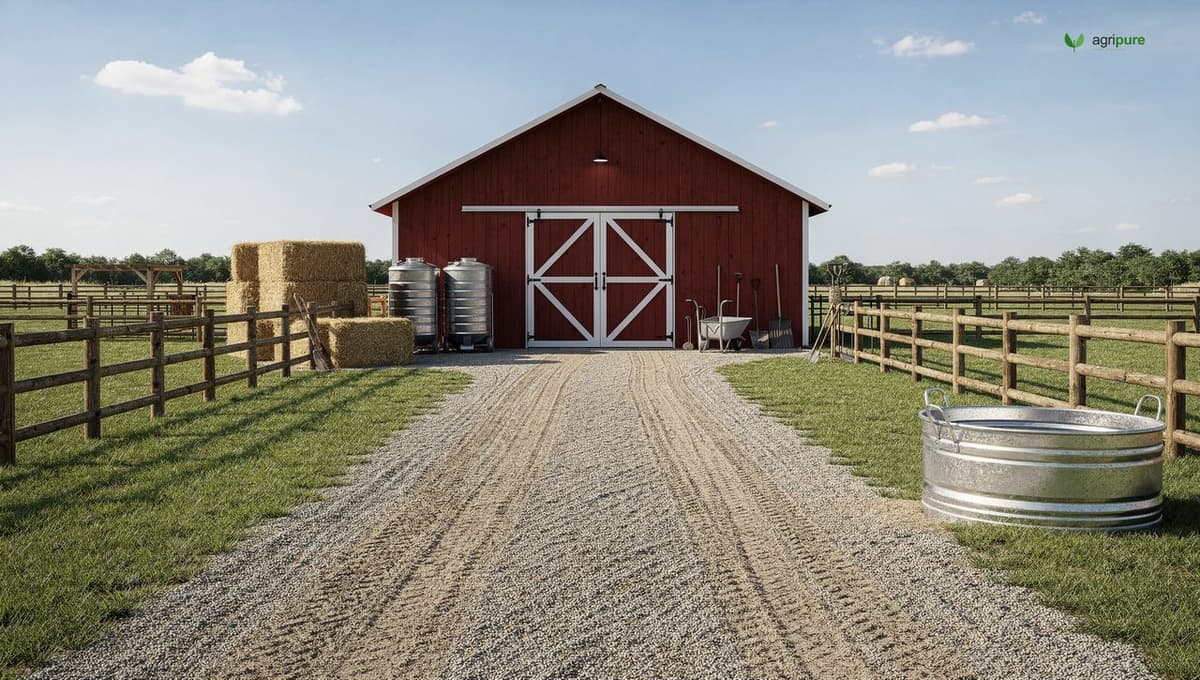A farmyard centered on a barn with a wide gravel access lane, nearby feed storage and water trough, and fenced paddocks branching off