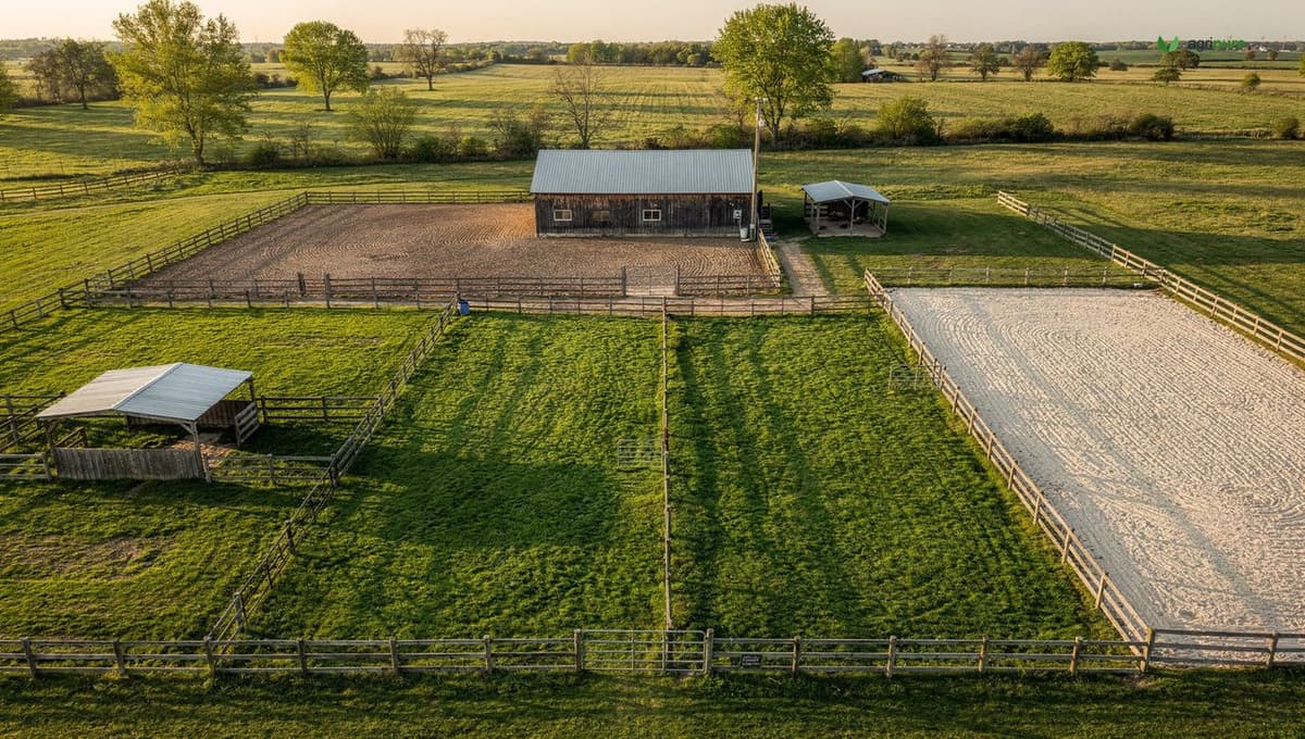 Aerial view of a small horse farm with a barn, a dry lot near the barn, four rectangular grass paddocks with gated fencing, a run-in shed, and a riding arena