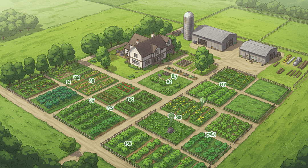 An aerial view of a meticulously planned small organic farm. A light-colored farmhouse stands at the center, with a vivid green kitchen garden immediately adjacent. Beyond that, a barn and outbuildings are nestled amidst expansive, well-maintained pastures. Clear, wide pathways suitable for machinery crisscross the landscape, illustrating an efficient layout designed for practical accessibility and sustainable use.