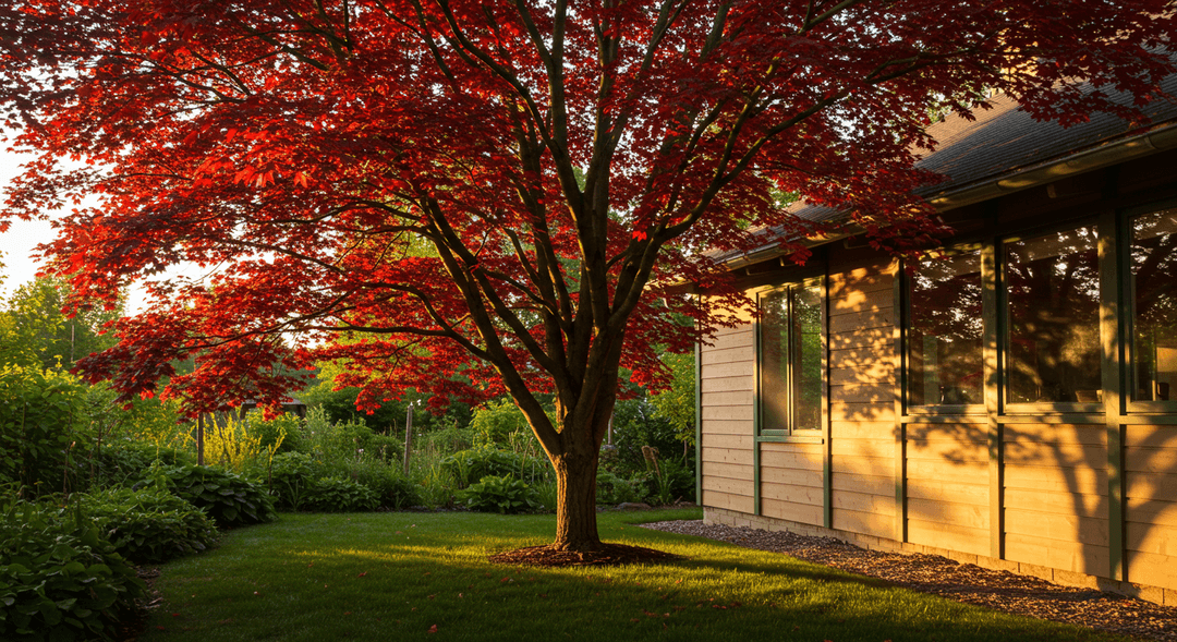 A large, mature red maple tree with its characteristic broad canopy shades the west-facing wall of a light-colored modern house during the late afternoon, illustrating effective home cooling through strategic tree planting.