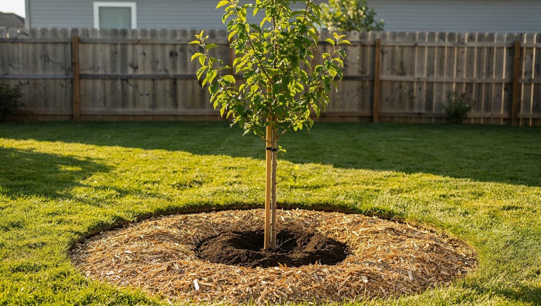 A young deciduous shade tree freshly planted in a lawn with a wide ring of wood-chip mulch around its base on a clear morning.