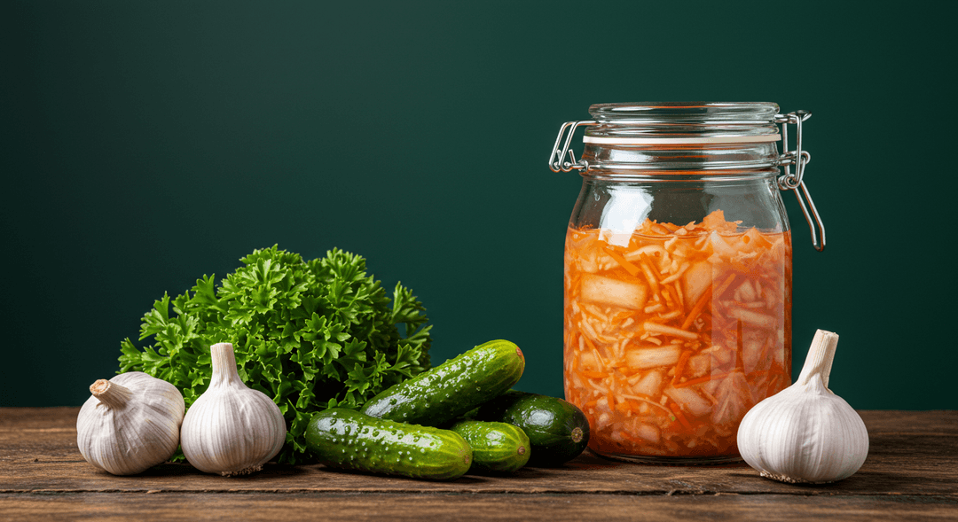 Glass jars filled with active fermenting kimchi and sauerkraut displaying bubbles on the counter.