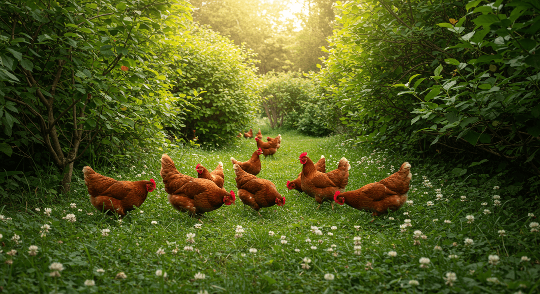 A healthy flock of chickens, including several hens and a rooster, energetically foraging on a vibrant groundcover of white clover and comfrey, shaded by the young canopy of mulberry and elderberry trees within a thoughtfully designed food forest.