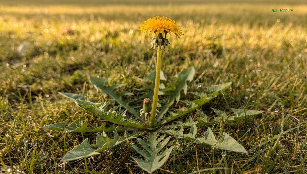 A close view of common dandelion in lawn grass: a basal rosette of toothed leaves and a single bright yellow flower head on a hollow stalk