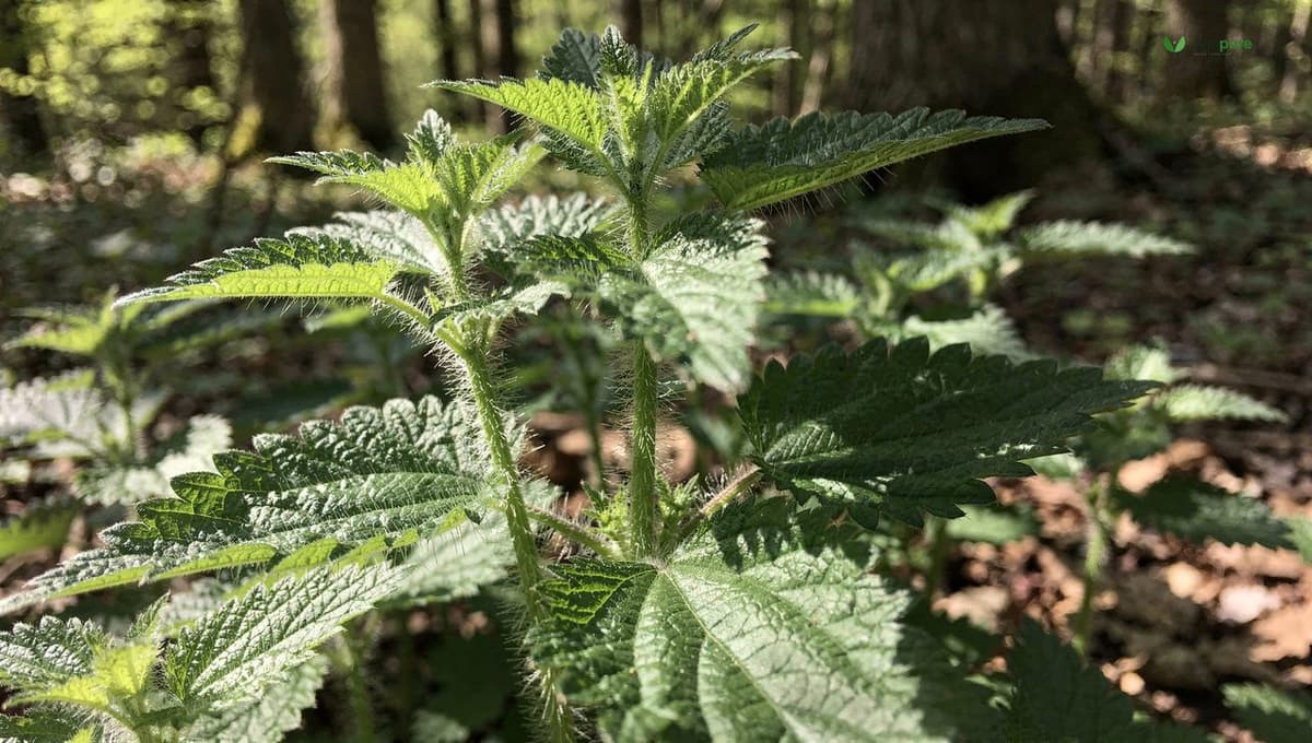 A stand of young stinging nettle with serrated heart-based leaves on square stems covered in fine stinging hairs