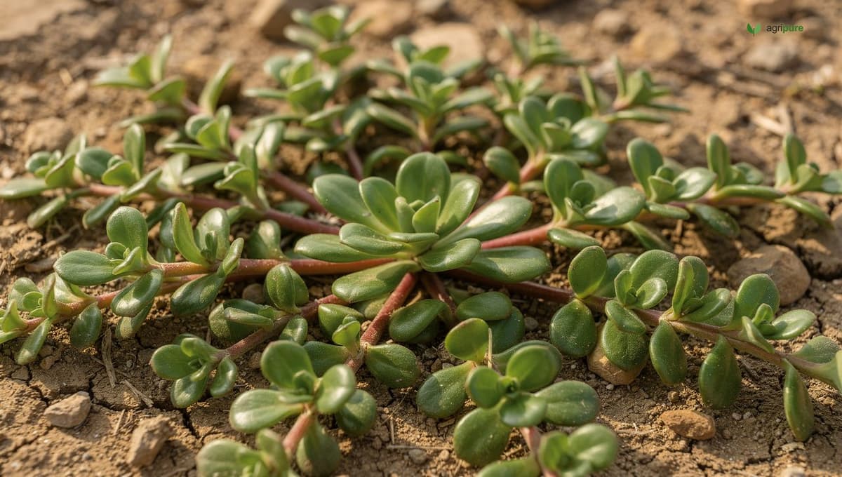 A low mat of common purslane on bare soil, with smooth reddish succulent stems and thick spoon-shaped green leaves