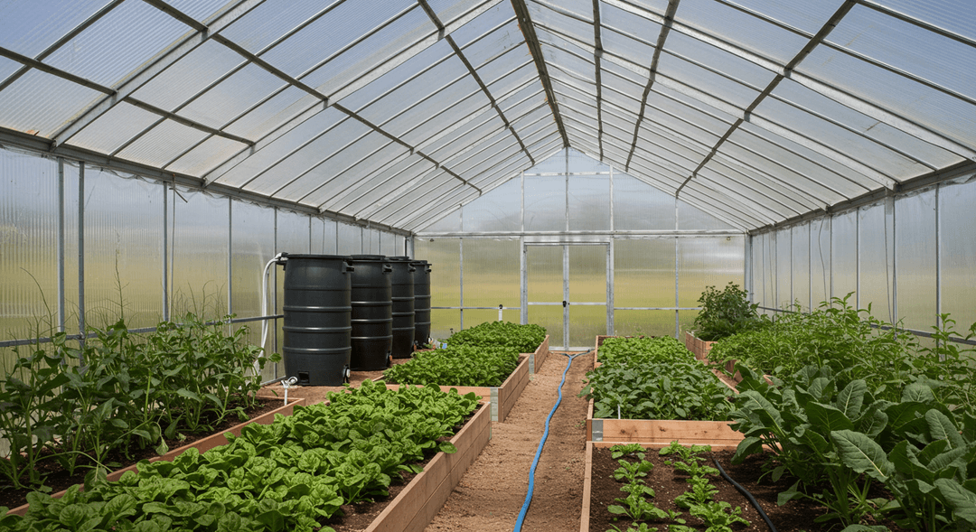 Interior of a passive solar greenhouse with a steep, clear south-facing wall and insulated opaque north wall. Black water barrels provide thermal mass, sitting near healthy green leafy vegetables like spinach and kale growing in raised beds.