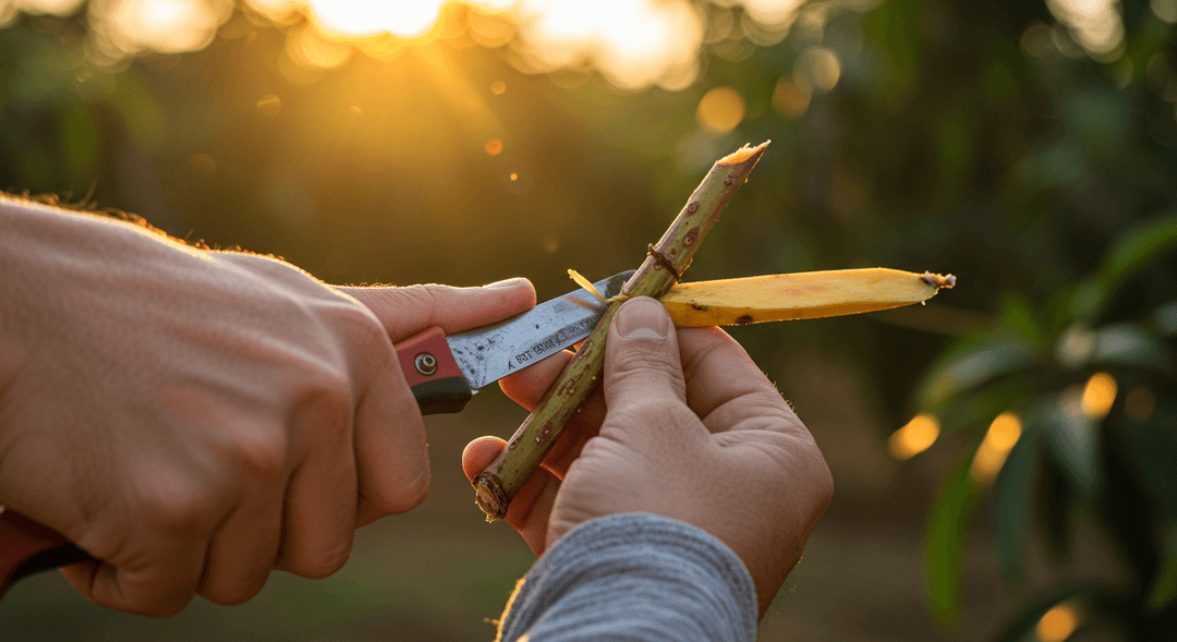 Close-up of a gardener's gloved hand making a precise diagonal cut on a mango tree scion with a grafting knife, preparing it for a clean graft. The background is a sunlit mango orchard.