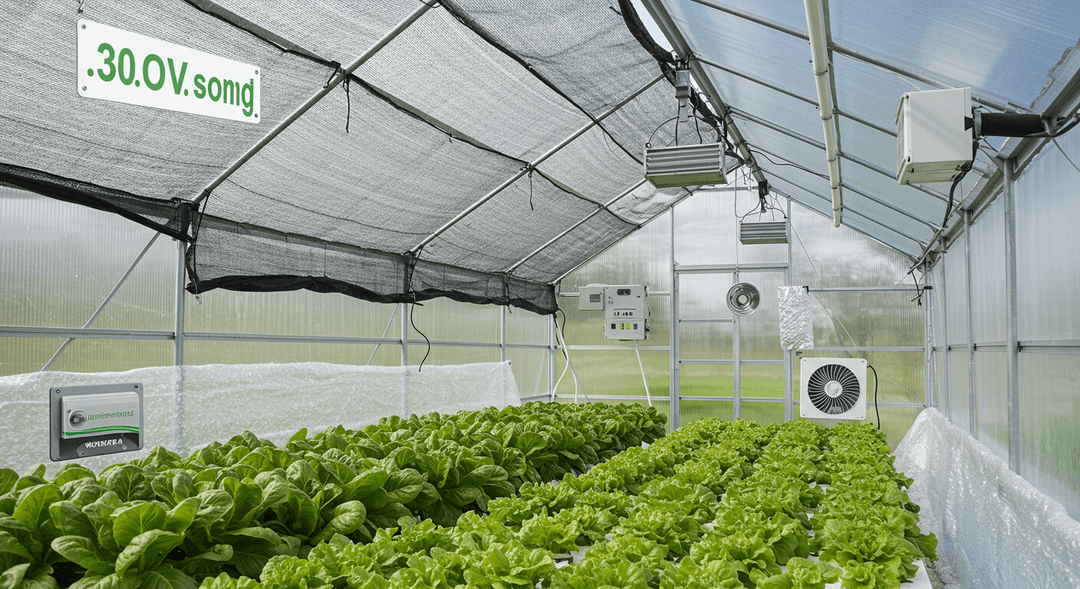 Inside a climate-controlled greenhouse, a section of light green shade cloth covers the ceiling, while a brown wax-cylinder automatic vent opener is subtly active. A white exhaust fan hums gently in the background, ensuring air circulation, and clear large-bubble insulation lines one side wall. Healthy green plants thrive in the diffused light, showcasing effective temperature management.