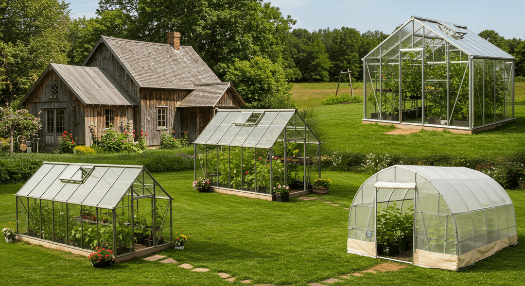 A photorealistic image showcasing three distinct greenhouse styles in a vibrant garden. On the left, a lean-to greenhouse with a wooden frame is attached to a light-colored building. In the center, a traditional A-frame greenhouse stands freely with clear glass panels. To the right, a modern, tunnel-shaped hoop house with a translucent white cover is visible. All greenhouses are surrounded by healthy green foliage and flowering plants under natural sunlight.