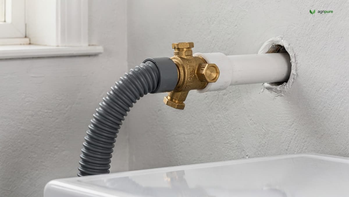 A washing-machine drain hose connected to a labeled brass 3-way greywater diversion valve on a laundry-room wall, a 1-inch white poly pipe leading off through the wall toward the garden