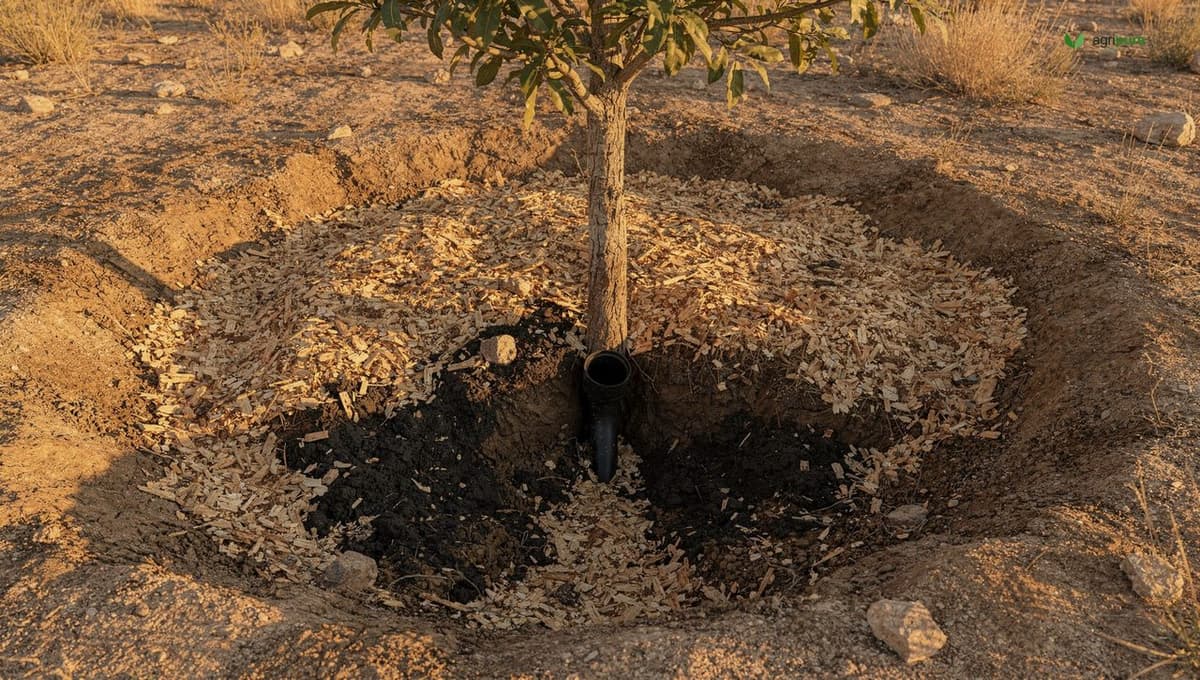 A wood-chip mulch basin dug around the base of a young fruit tree on a dry-climate homestead, a greywater pipe outlet discharging under the chips, the soil dark and damp where the water soaks in