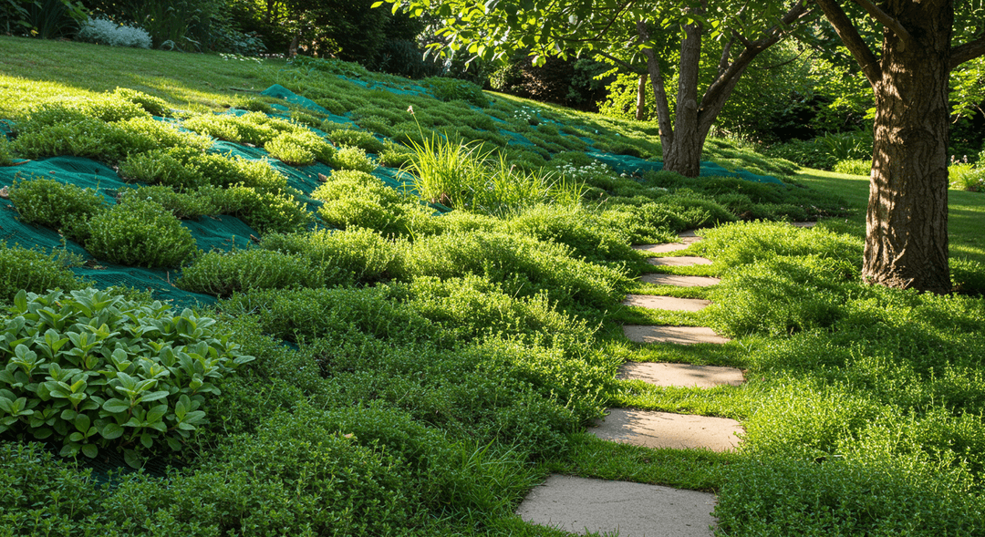 A photorealistic garden scene featuring three distinct ground cover applications: a gentle slope covered with robust, soil-stabilizing plants and biodegradable netting; a stone pathway bordered by resilient, low-growing ground cover suitable for light foot traffic; and an area of dry shade beneath a tree where shade-tolerant ground covers flourish. The image highlights various functional ground cover solutions in a natural, well-maintained outdoor setting.