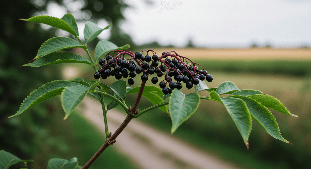 A close-up view of a mature elderberry branch heavy with clusters of dark, ripe berries and green pinnately compound leaves. The woody stem is visible, and the background is softly blurred, suggesting a natural, possibly roadside, setting.