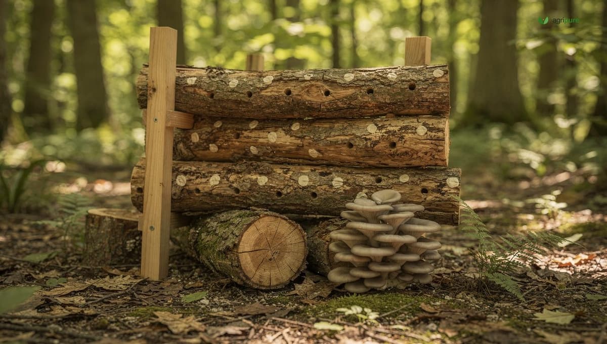 A stack of inoculated hardwood shiitake logs leaning against a frame in dappled woodland shade, drilled holes sealed with pale wax, oyster mushrooms fruiting from a log end