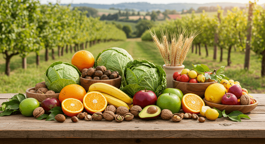A rustic wooden table laden with a diverse array of fresh, ripe produce, including apples, pears, berries, gourds, and leafy greens, suggesting a continuous harvest from an intelligently designed orchard. The scene is bathed in soft, natural light.