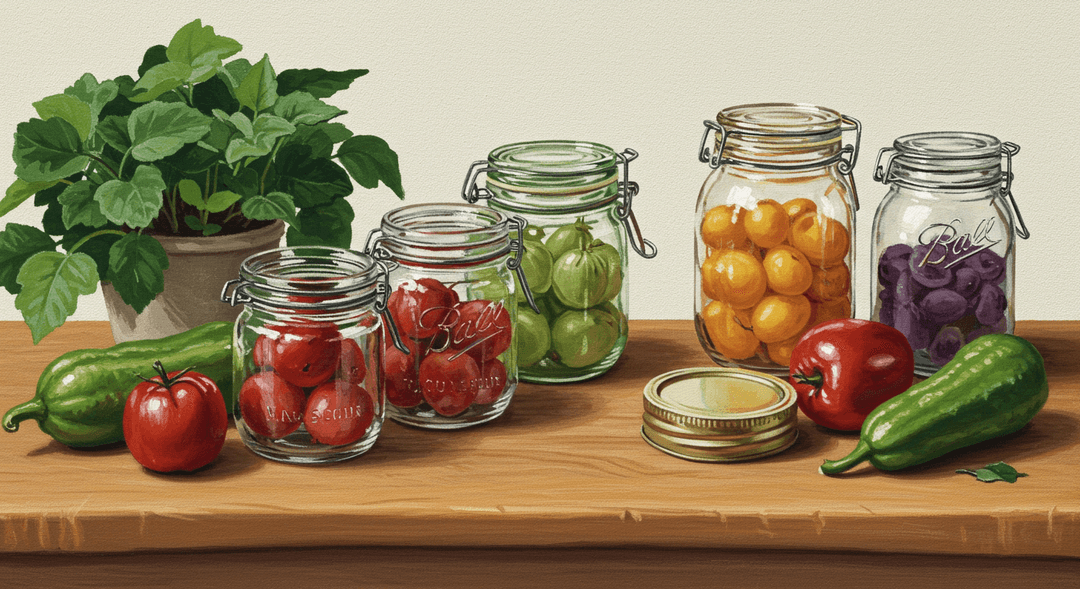 Glass Mason jars filled with preserved peaches and tomatoes lined up on a rustic wooden shelf.
